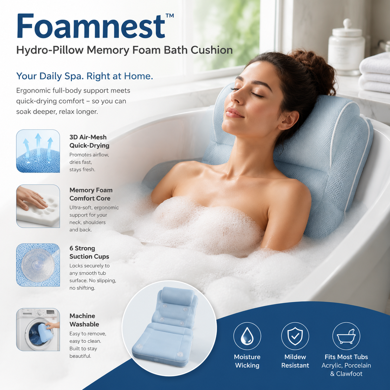 Foamnest™ Hydro-Pillow Memory Foam Bath Cushion