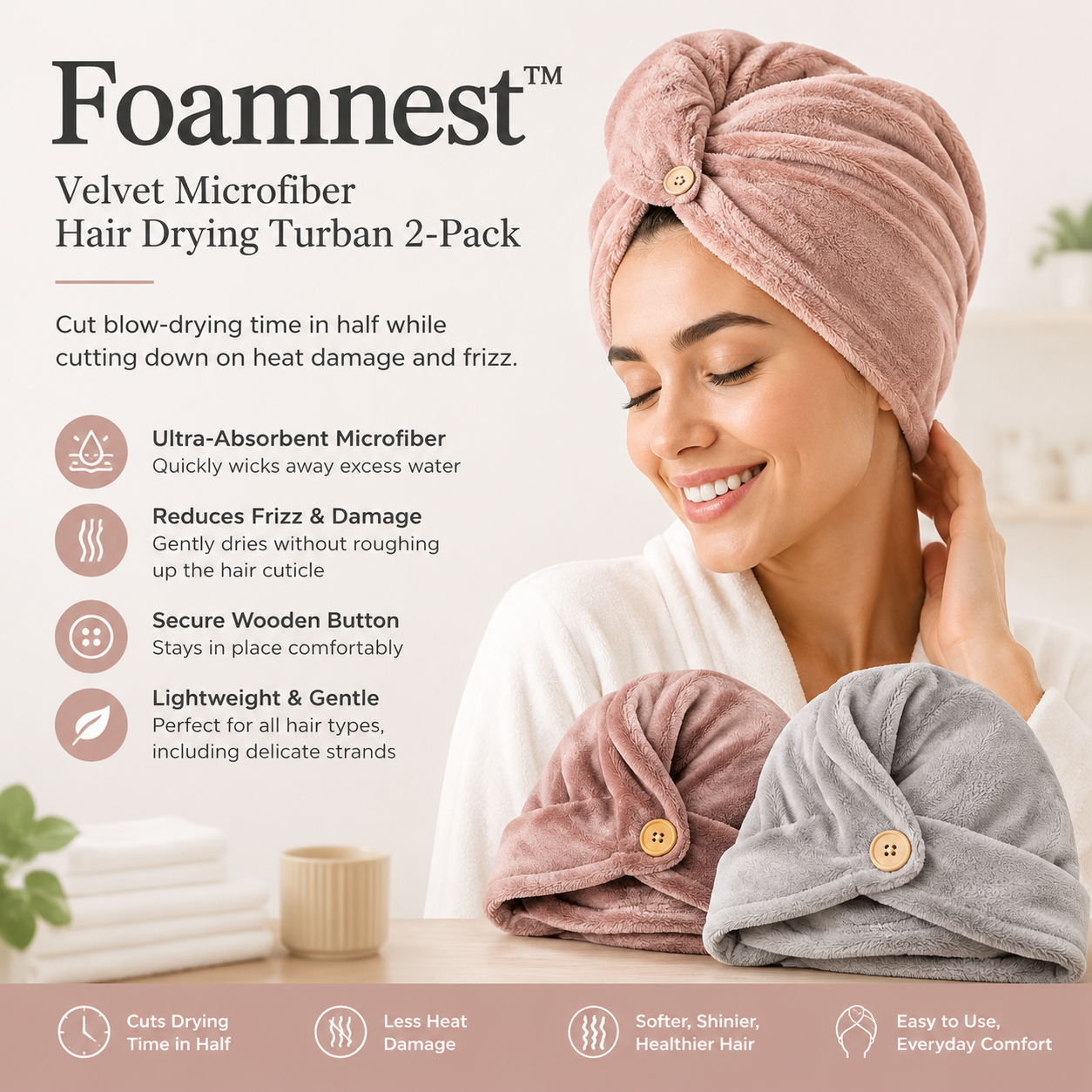 Foamnest™ Velvet Microfiber Hair Drying Turban 2-Pack