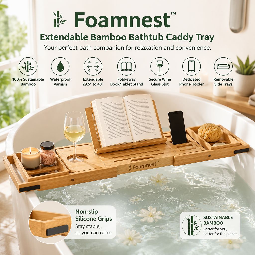Foamnest™ Extendable Bamboo Bathtub Caddy Tray