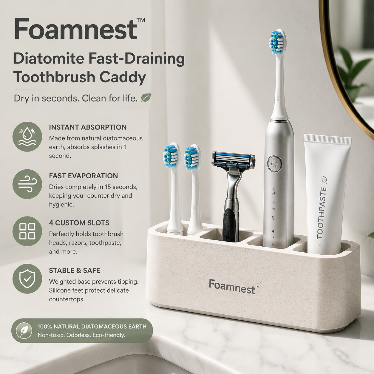Foamnest™ Diatomite Fast-Draining Toothbrush Caddy