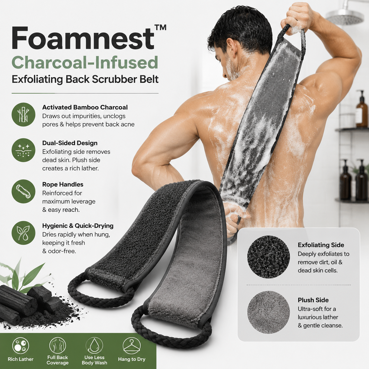 Foamnest™ Charcoal-Infused Exfoliating Back Scrubber Belt